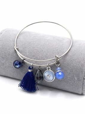 New Handmade S925 Sterling Silver Blue Tassel Opalite Charm Bracelet Bangle